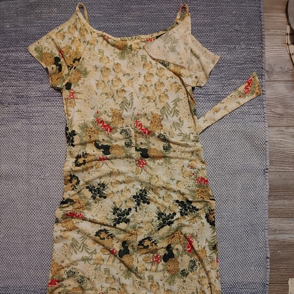 W Used Janette Sz S Floral Mid Length w/ Slit Spag Straps Summer Dress - Picture 3 of 7